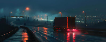 A truck driving on a highway road at night, with its headlights illuminating the path ahead and the city lights twinkling in the distance.の素材