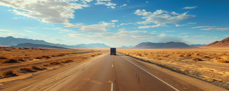 A truck driving on a highway road through a flat, barren desert, with a long, straight road stretching out ahead and distant mountains barely visible under a scorching sun.の素材