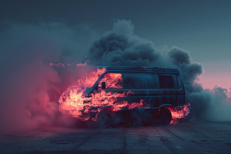 A van engulfed in flames and dark smoke, isolated on a gradient background from dark blue to black. The intense fire and smoke are vividly depicted against the dramatic backdrop.の素材