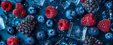 A vibrant composition of berry slices, including blackberries, blueberries, and raspberries, combined with ice cubes on a deep blue background. The rich colors of the fruits add depth and vibrancy.の素材