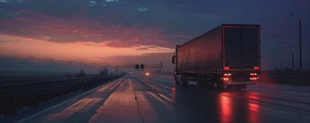 A truck driving on a highway at dusk, with the sky transitioning from day to night and the truck's taillights glowing red against the darkening sky.の素材