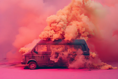 A van engulfed in flames and thick smoke, isolated on a magenta background. The bold, bright color contrasts sharply with the fiery destruction, creating a dramatic scene.の素材