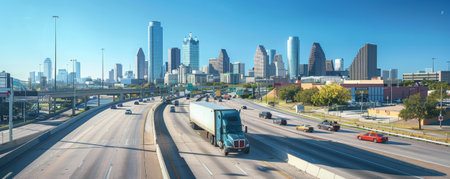 A truck driving on a highway road through a bustling city, with skyscrapers, traffic lights, and busy streets all around, under a clear blue sky.の素材