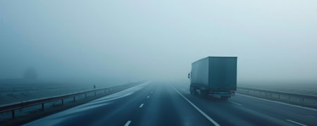 A truck driving on a highway road during a foggy morning, with the road barely visible ahead and the surrounding landscape shrouded in mist.の素材