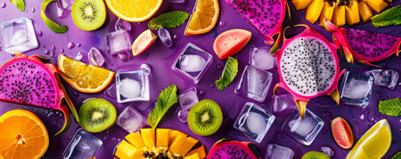 A vibrant composition of slices of exotic fruits like dragon fruit, kiwi, and starfruit, mixed with ice cubes on a deep purple background. The bold and unique fruit colors stand out brilliantly.の素材