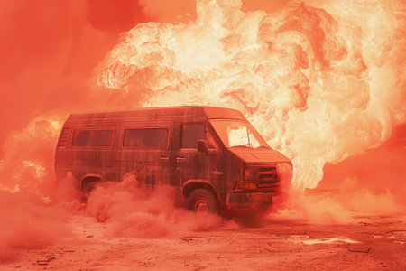 A van on fire, with flames and thick smoke, isolated on a coral background. The warm color contrasts with the dark, destructive fire, creating a striking visual.の素材