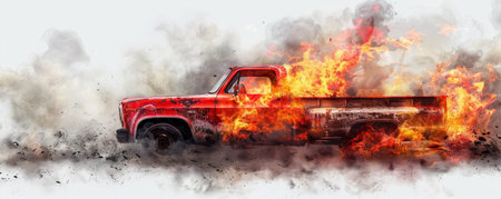 A truck in flames, with fierce fire and thick smoke, isolated on a stark white background. The vivid depiction of the burning vehicle creates a powerful and intense image.の素材