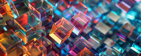 A vibrant geometric design with multicolored glass cubes, forming a complex, interlocking pattern on a dark backdrop, with light reflections adding a dynamic touch.の素材