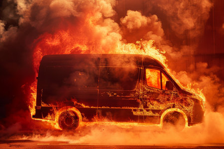 A van on fire, with flames and thick smoke, isolated on a coral background. The warm color contrasts with the dark, destructive fire, creating a striking visual.の素材