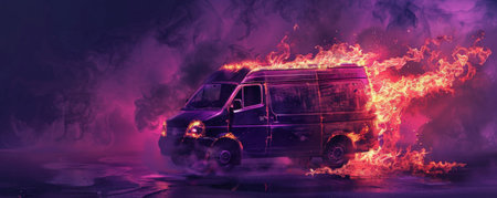 A van on fire, with flames and smoke billowing, isolated on a dark purple background. The intense heat and chaos of the burning vehicle stand out against the deep color.の素材