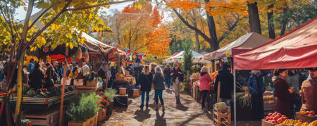 A vibrant autumn harvest festival with stalls selling fresh produce, handmade crafts, and warm cider, with people enjoying the festive atmosphere.の素材