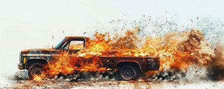 A truck in flames, with fierce fire and thick smoke, isolated on a stark white background. The vivid depiction of the burning vehicle creates a powerful and intense image.の素材