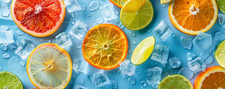 A vibrant background featuring slices of citrus fruits such as oranges, lemons, and limes, mixed with ice cubes scattered across a bright blue surface. The fresh and juicy colors create a refreshing summer vibe.の素材