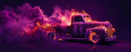 A truck on fire, with flames and smoke billowing, isolated on a dark purple background. The intense heat and chaos of the burning vehicle stand out against the deep color.の素材