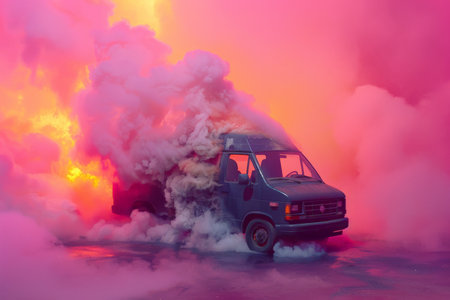 A van engulfed in flames and thick smoke, isolated on a magenta background. The bold, bright color contrasts sharply with the fiery destruction, creating a dramatic scene.の素材