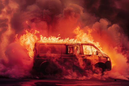 A van in flames, with thick smoke swirling around, isolated on a maroon background. The deep, rich color highlights the dramatic scene of the burning vehicle.の素材