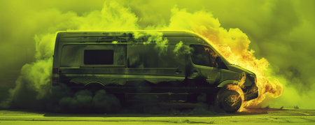 A van engulfed in flames and dark smoke, isolated on a vibrant lime green background. The bright color contrasts sharply with the fiery scene, enhancing the drama.の素材