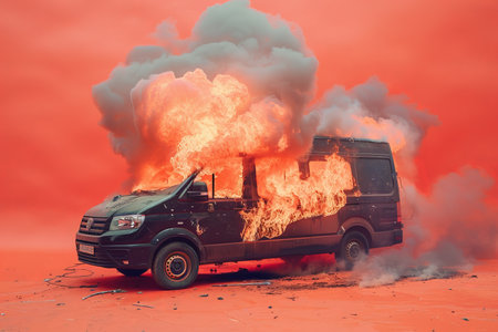 A van on fire, with flames and thick smoke, isolated on a coral background. The warm color contrasts with the dark, destructive fire, creating a striking visual.の素材