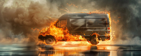 A van on fire, with flames and thick smoke rising, isolated on a metallic silver background. The shiny backdrop enhances the dramatic effect of the burning vehicle.の素材
