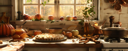 A warm autumn kitchen with a freshly baked pumpkin pie cooling on the counter, cinnamon sticks, and a pot of apple cider simmering on the stove.の素材
