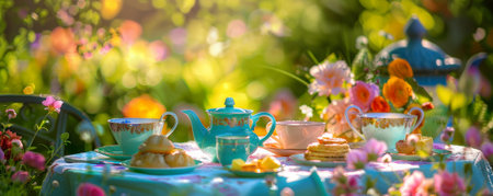 A vibrant summer garden tea party with a table set with teapots, cups, pastries, and friends enjoying the afternoon.の素材
