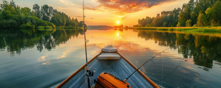 A vibrant summer fishing trip with a boat on a calm lake, fishing rods, a tackle box, and the thrill of catching fish.の素材