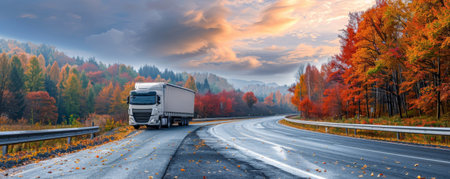 A truck driving on a newly paved highway road through a picturesque autumn landscape, with colorful fall foliage and leaves scattered on the ground.の素材