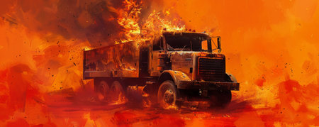 A truck on fire, with flames licking up the sides and dense smoke swirling around, isolated on a vibrant orange background. The fiery chaos is vividly captured, highlighting the intense heat and destruction.の素材