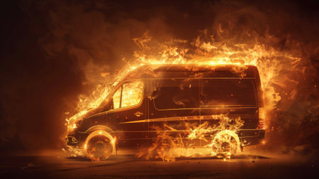 A van on fire, with flames leaping and smoke billowing, isolated on a dark chocolate brown background. The deep, rich color contrasts with the intense fire, highlighting the chaos.の素材