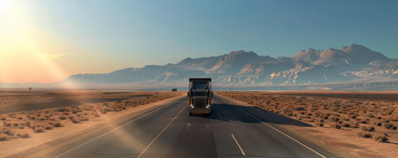 A truck driving on a highway road through a flat, barren desert, with a long, straight road stretching out ahead and distant mountains barely visible under a scorching sun.の素材