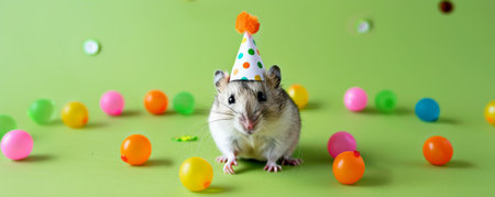 A playful hamster in a polka-dot birthday party hat, isolated on a lime green background, looking ready to party.の素材