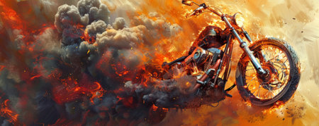 A motorcycle ablaze with fierce red and yellow flames, surrounded by swirling gray smoke, set against a bright orange background, capturing the heat and chaos of the fire.の素材