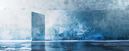 A modern abstract background featuring a metallic panel with a polished chrome finish, set against a gradient of icy blues and whites. The sleek, reflective surface adds a clean and contemporary touch.の素材