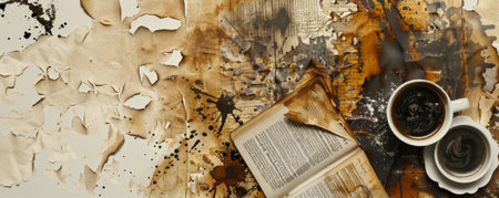 A grunge texture background with torn, yellowed pages from old books, faded ink, and coffee rings, evoking a sense of literary decay.の素材
