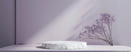 A minimalist marble podium with subtle gray veining, placed against a soft lavender wall. The combination of the marble's natural beauty and the gentle color creates a serene and elegant backdrop for product display.の素材