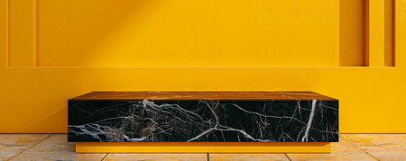 A contemporary marble podium with a smooth black finish, set against a bright yellow wall. The striking contrast between the marble and the vibrant background adds a bold and eye-catching element to the product presentation.の素材
