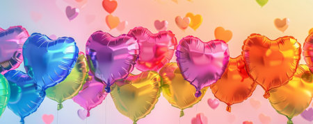 A festive background of rainbow balloons in heart shapes, clustered together and floating against a gradient sky. The balloons are in various shades of the rainbow, creating a joyful and loving atmosphere.の素材