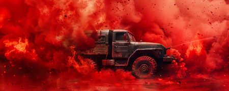 A military truck consumed by blazing flames and thick smoke plumes, isolated on a vivid red background, highlighting the chaos of the fire.の素材