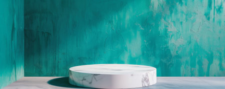 A contemporary marble podium with a smooth white finish, set against a vibrant turquoise wall. The bold contrast between the marble and the colorful background adds a dynamic and energetic element to the product presentation.の素材