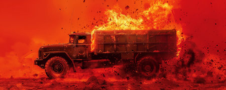 A military truck consumed by blazing flames and thick smoke plumes, isolated on a vivid red background, highlighting the chaos of the fire.の素材