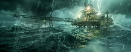 A dynamic view of an offshore oil rig drilling platform during a storm, with dark clouds overhead and waves crashing against the platform's supports. The rig's lights shine brightly through the glow, highlighting its resilience against nature's forces.の素材