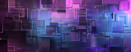 A futuristic abstract background with a polished metallic panel, featuring intricate geometric patterns and a gradient backdrop of purples and blues. The combination of metallic and color elements creates a high-tech vibe.の素材