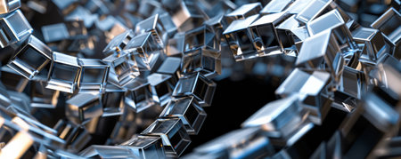 A futuristic geometric design with mirrored glass cubes, arranged in a spiral formation on a black background, creating a mesmerizing, infinite loop effect.の素材