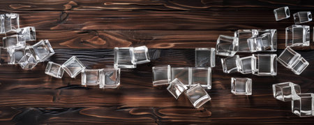 A geometric pattern featuring clear glass cubes in various sizes, stacked in a staggered formation on a dark wooden background, with light reflections adding a touch of elegance.の素材