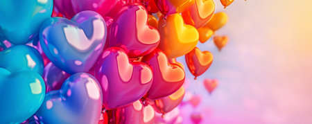 A festive background with clusters of rainbow balloons in heart shapes, creating a joyful and romantic ambiance. The balloons are in vibrant colors, set against a gradient sky transitioning from blue to pink.の素材