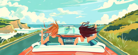 A fun summer road trip with a convertible driving down a scenic highway, friends laughing, and the wind blowing through their hair.の素材