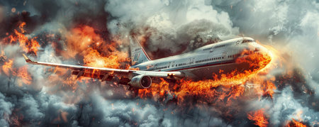 An airplane on fire, with flames and thick smoke rising, isolated on a metallic silver background. The shiny backdrop enhances the dramatic effect of the burning aircraft.の素材
