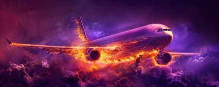An airplane on fire, with flames and smoke billowing, isolated on a dark purple background. The intense heat and chaos of the burning aircraft stand out against the deep color.の素材