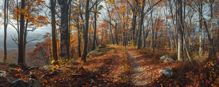An autumn hike through a forest with a trail covered in leaves, crisp air, and the sound of crunching underfoot, leading to a stunning overlook.の素材