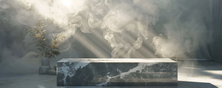 An elegant gray marble table podium with white veins in a minimalist room, with light smoke creating a serene and sophisticated ambiance.の素材